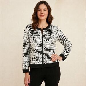 Joseph Ribkoff Black White Vinyl Stripe Floral Zip Jacket Modern Chic